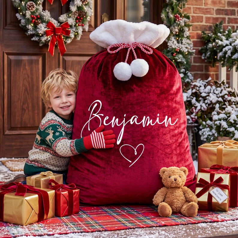 May include: A large, deep red velvet Santa sack with a white faux fur trim at the top, secured by a red and white twisted cord with two white pom-poms. The sack features the name Benjamin in white script and a white heart outline graphic.