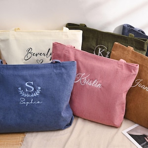 Personalized Bridesmaid gift bag, Bridesmaid Tote bag, Corduroy Tote Bag, Tote Bag with Zipper, Name Bag, Monogram Bag, Wedding Party Gifts image 16