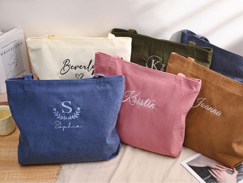 Personalized Bridesmaid gift bag, Bridesmaid Tote bag, Corduroy Tote Bag, Tote Bag with Zipper, Name Bag, Monogram Bag, Wedding Party Gifts image 16