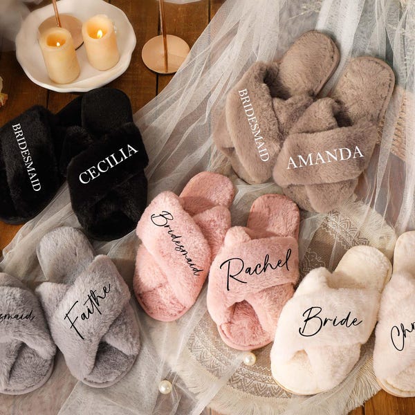 Personalized Bridesmaid Slipper,Bride Slippers,Wedding Slipper Gift,Bridesmaid Proposal Gifts,Fluffy Slippers,Bridal Shower Gift,Bridal Gift