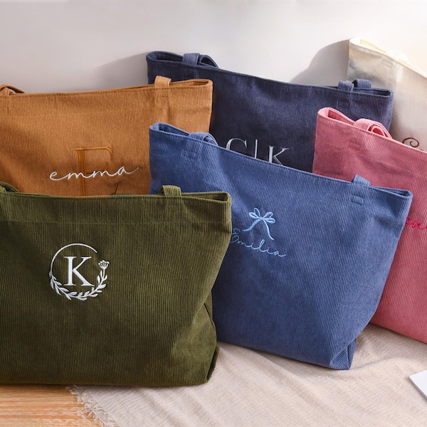 Personalized Bridesmaid gift bag, Bridesmaid Tote bag, Corduroy Tote Bag, Tote Bag with Zipper, Name Bag, Monogram Bag, Wedding Party Gifts