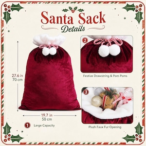 May include: A deep red velvet Santa sack with a white plush faux fur opening, featuring a red and white drawstring with two white pom poms. The sack measures 27.6 inches in height and 19.7 inches in width, labeled as having a large capacity.