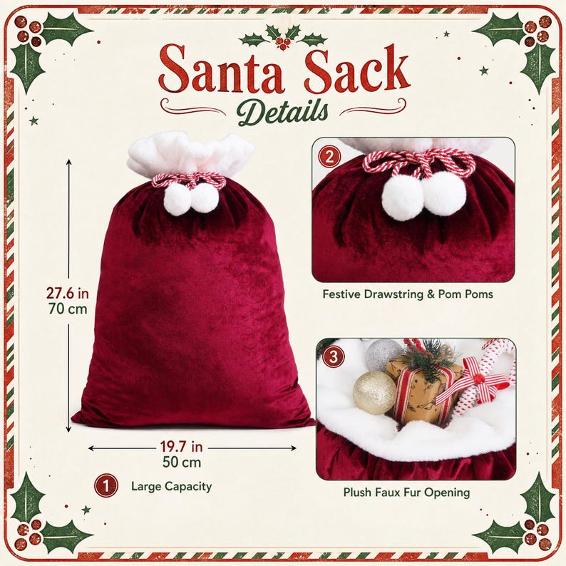 May include: A deep red velvet Santa sack with a white plush faux fur opening, featuring a red and white drawstring with two white pom poms. The sack measures 27.6 inches in height and 19.7 inches in width, labeled as having a large capacity.