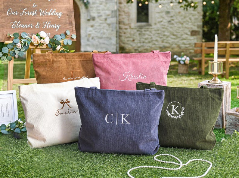 Personalized Bridesmaid gift bag, Bridesmaid Tote bag, Corduroy Tote Bag, Tote Bag with Zipper, Name Bag, Monogram Bag, Wedding Party Gifts image 4