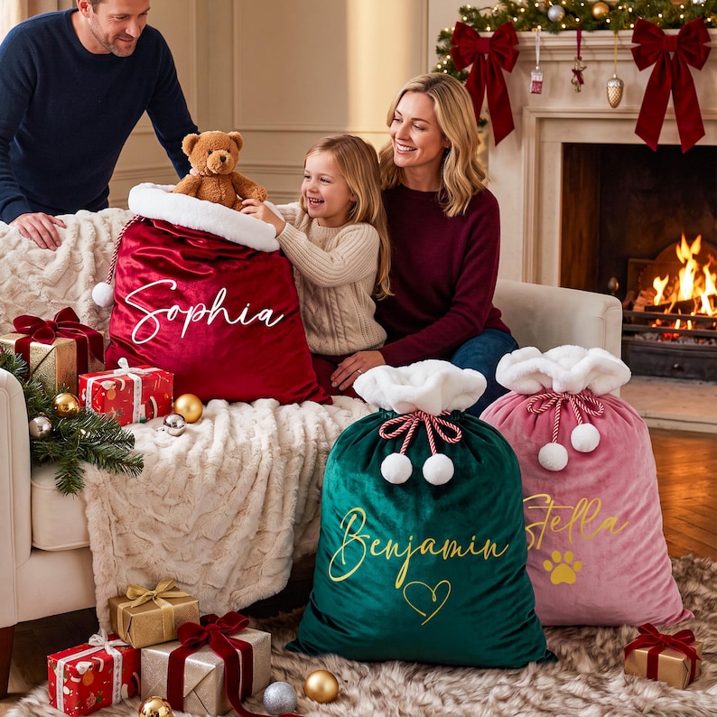 May include: Three large velvet Christmas gift sacks with white faux fur trim and drawstring closures. One red sack features the name Sophia in white script. A green sack features the name Benjamin and a heart in gold. A pink sack features the name Stella and a paw print in gold.