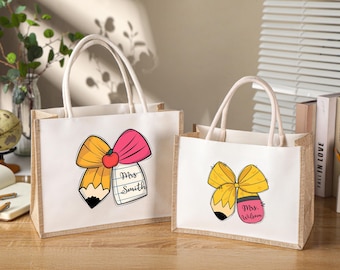 Custom Teacher Tote Bag,Teacher Name Bag,Coquette Bow Bag,Teacher Gift,Gift Bbag for Teacher,Bag with Pencil Bow,Shoulder Bag with Name