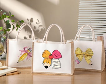 Custom Teacher Name Bag,Teacher Tote Bag,Coquette Bow Bag,Teacher Gift,Bag with Pencil Bow,Shoulder Bag with Name,Back to School Gift