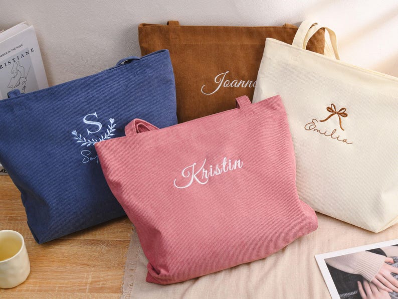 Personalisierte Cord Tasche, Brautjungfer Geschenk Tasche, Tragetasche mit Reißverschluss, Name Tasche, Monogramm Tasche, Hochzeit Geschenke, Schultertasche Bild 8