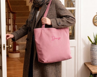 Personalized Corduroy Tote Bag, Tote Bag with Zipper, Bridesmaid gift bag, Bridesmaid Tote bag, Name Bag, Monogram Bag, Wedding Party Gifts