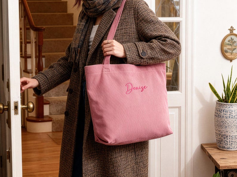 May include: A pink corduroy tote bag with the name "Denise" embroidered in a cursive font. The bag has a rectangular shape with a long strap. The bag is being held by a person wearing a brown coat.