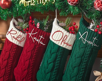 Embroidered Family Christmas Stockings Set, 2026 Christmas Stockings With Name, Knitted Stocking Set, Holiday Decor, Monogram Stockings