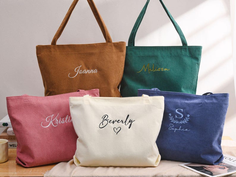 Personalisierte Cord Tasche, Brautjungfer Geschenk Tasche, Tragetasche mit Reißverschluss, Name Tasche, Monogramm Tasche, Hochzeit Geschenke, Schultertasche Bild 16