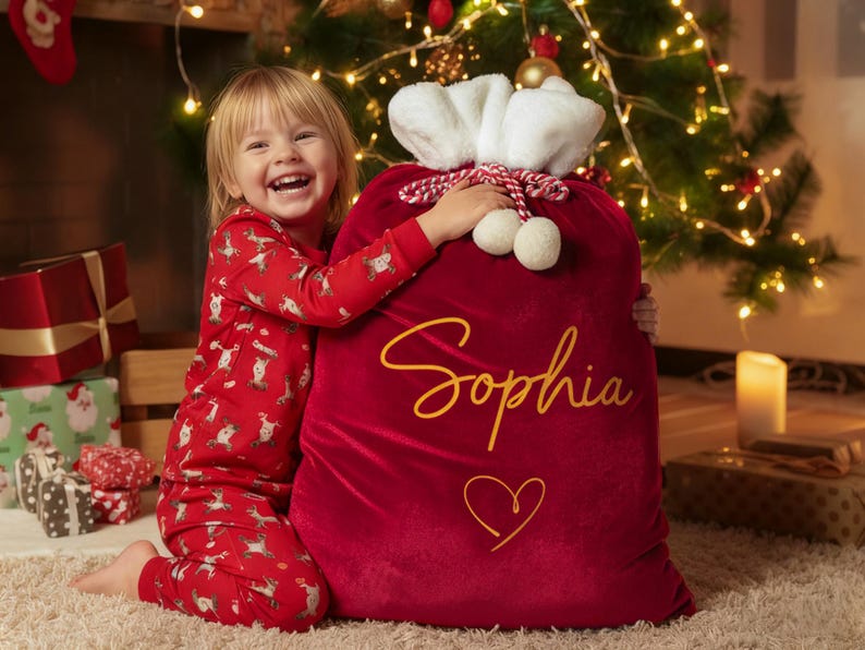 May include: A large, deep red velvet gift sack featuring a white plush top trim with a red and white twisted drawstring cord. The front of the sack is personalized with the name Sophia in gold cursive script above a gold heart outline.