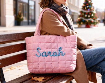 Personalized Name Tote Bag, Quilted Nylon Tote Bag, Bridesmaid Gift Bag, Monogrammed Name Bag, Crocheted Quilted Tote Bag, Gift for Women
