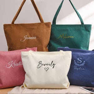 Personalized Bridesmaid gift bag, Bridesmaid Tote bag, Corduroy Tote Bag, Tote Bag with Zipper, Name Bag, Monogram Bag, Wedding Party Gifts image 15
