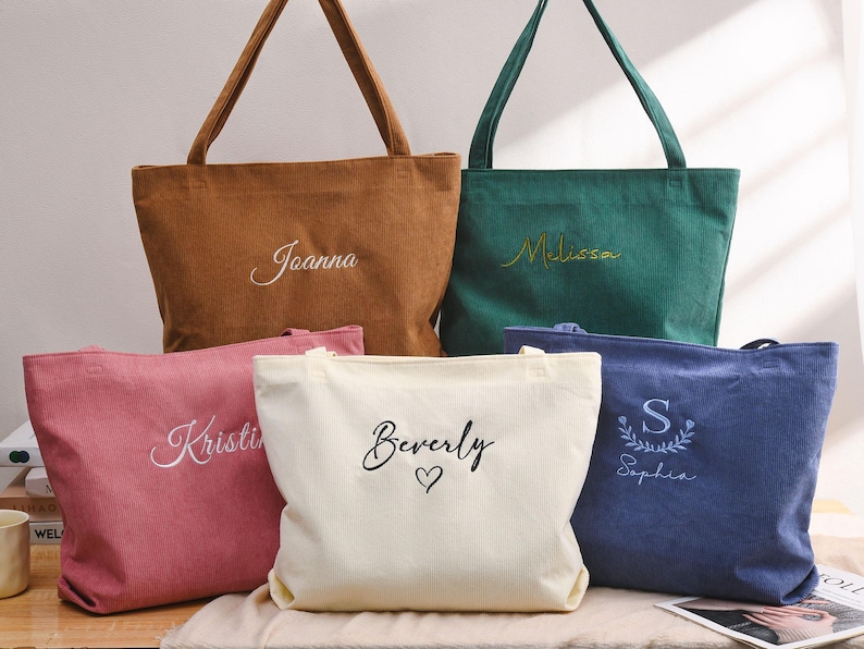Personalized Bridesmaid gift bag, Bridesmaid Tote bag, Corduroy Tote Bag, Tote Bag with Zipper, Name Bag, Monogram Bag, Wedding Party Gifts image 15