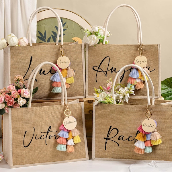 Personalized Bridesmaid Burlap Bag,Beach Bag,Gift Tote Bags with charm,Bachelorette Party Gift,Bridesmaid Proposal Gifts,Tote Bag With Name