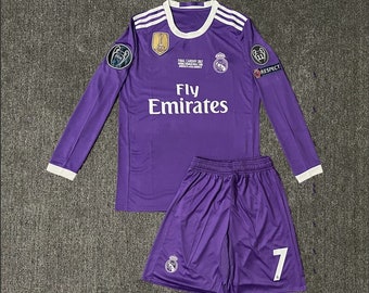 Saison 2016–2017, Cristiano Ronaldo Nr. 7, Real Madrid, lila, komplettes Auswärtstrikot, Champions-League-Fußballtrikot, Hemd, Shorts, kurze lange Ärmel