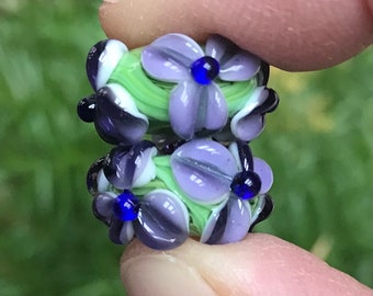 Purple & Green Floral Glass Bead Pair...Handmade Lampwork Beads SRA, Made To Order