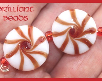 Red & White Christmas Peppermint Candy Beads - Handmade Lampwork Pair SRA, Made To Order