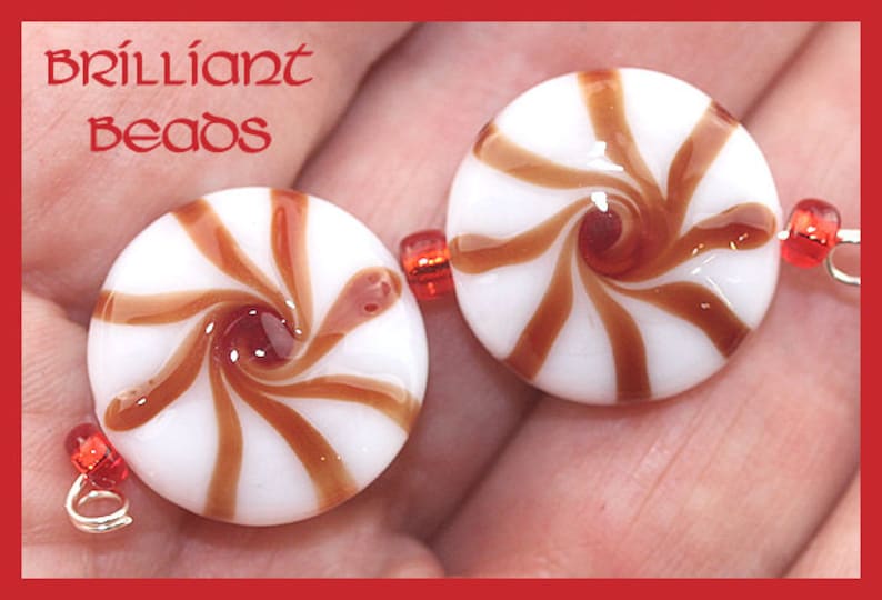 Red & White Christmas Peppermint Candy Beads Handmade Lampwork Pair SRA, Made To Order image 1