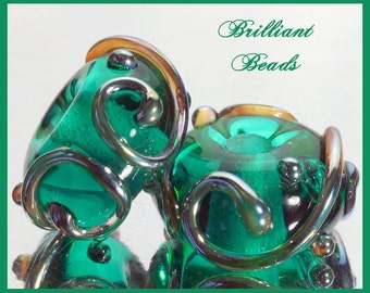 Green & Metallic Aurae Glass Spacer Bead Pair...Handmade Lampwork SRA, Made To Order