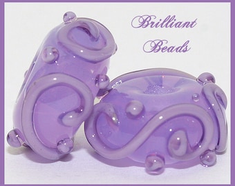 Translucent Violet Scrollwork Glass Beads- Handmade Lampwork Pair SRA, Made To Order