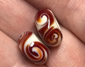 Red and White Swirled Glass Beads - Handmade Lampwork Bead Pair