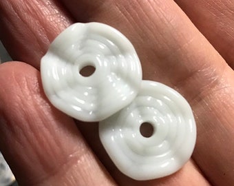 Ruffled Snow...Handmade Lampwork Bead Ruffled Disc Pair, White Glass Discs, Artisan Beads, Wavy Discs, SRA