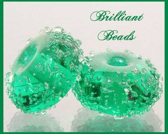 Emerald Green Sugared Glass Bead Pair - Handmade Lampwork Beads SRA, Made To Order