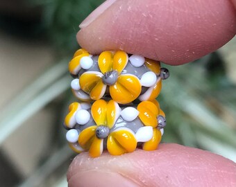 Grey & Saffron Yellow Floral Glass Bead Pair...Handmade Lampwork Beads SRA, Made To Order