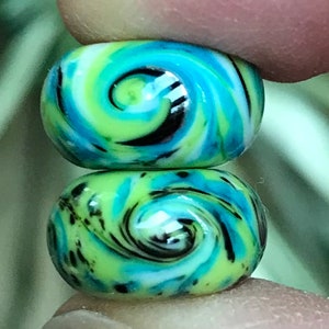 Lime, Turquoise, and Black Swirled Glass Beads Handmade Lampwork Pair SRA, Made To Order image 1