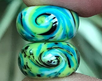 Lime, Turquoise, and Black Swirled Glass Beads - Handmade Lampwork Pair SRA, Made To Order