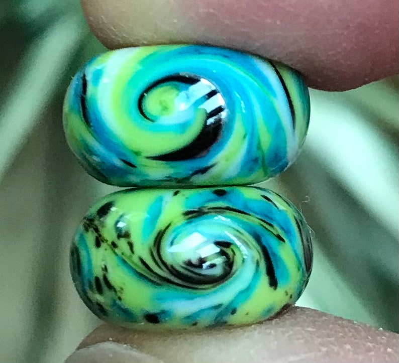 Lime, Turquoise, and Black Swirled Glass Beads Handmade Lampwork Pair SRA, Made To Order image 1