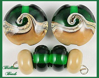 Sagebrush Swirls...Dark Green & Khaki Handmade Lampwork Bead Set SRA, Made To Order