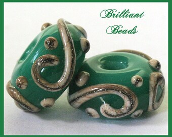 Opal Green and Silvered Ivory Handmade Lampwork Glass Bead Pair SRA, Made To Order