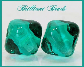 Transparent Teal Green Bicone Glass Beads - Handmade Lampwork Bead Pair SRA, Made To Order