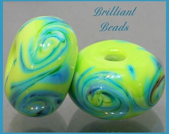 Lime & Turquoise Swirled Glass Beads - Handmade Lampwork Pair SRA, Made To Order