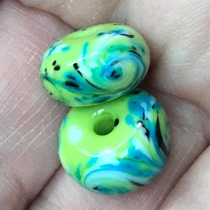 Lime, Turquoise, and Black Swirled Glass Beads Handmade Lampwork Pair SRA, Made To Order image 3