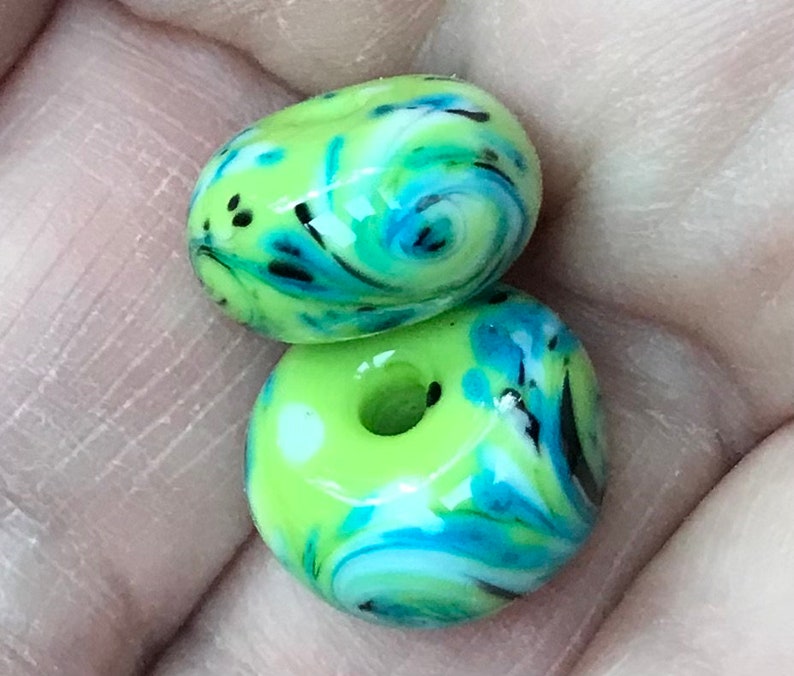 Lime, Turquoise, and Black Swirled Glass Beads Handmade Lampwork Pair SRA, Made To Order image 3