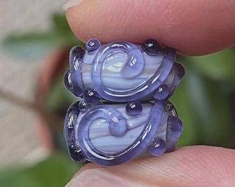 Blueberry Marble Scrollwork Lampwork Glass Bead Pair - Handmade Lampwork Beads SRA