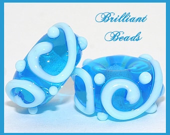 Aquamarine Blue Scrollwork Glass Beads- Handmade Lampwork Pair SRA, Made To Order