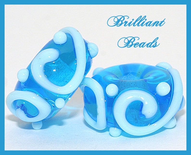 Aquamarine Blue Scrollwork Glass Beads Handmade Lampwork Pair SRA, Made To Order image 1