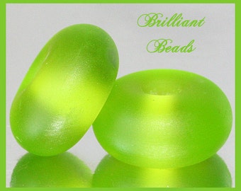 Frosted Bright Spring Green..."Sea Glass" Spacer Bead Pair...Handmade Lampwork Beads SRA, Made To Order