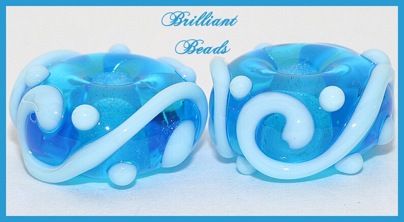 Aquamarine Blue Scrollwork Glass Beads Handmade Lampwork Pair SRA, Made To Order image 2