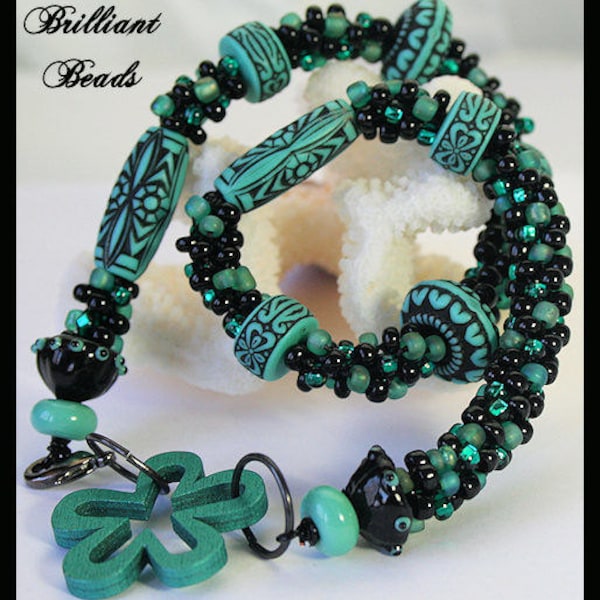 Mint Green & Black Beaded Kumihimo Choker Style Short Necklace or Double Wrap Bracelet , Lampwork Beadcaps, Wooden Flower SRAJD