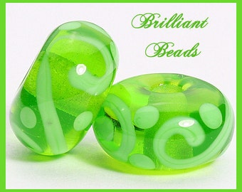 Bright Spring Green Scrollwork Glass Beads- Handmade Lampwork Pair SRA, Made To Order