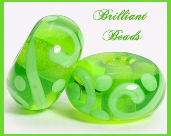 Bright Spring Green Scrollwork Glass Beads- Handmade Lampwork Pair SRA, Made To Order