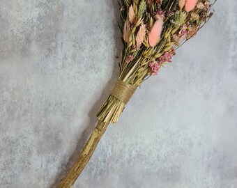 Handmade Pink Dried Flower Witch Besom – Altar Decor, Wiccan Ritual Tool