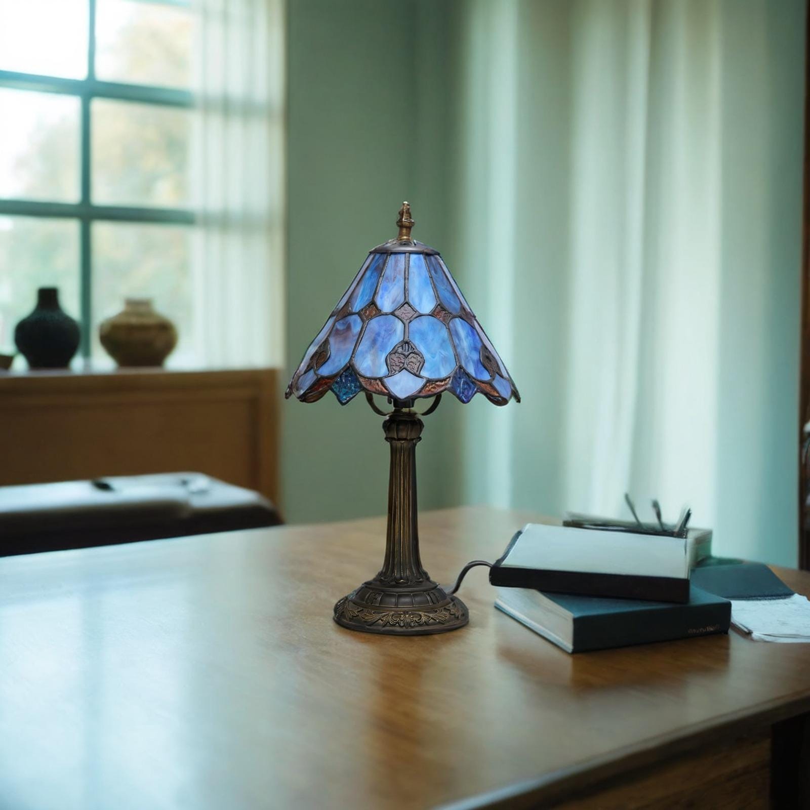Tiffany Style Table Lamp Stained Glass Blue and Orange Handmade - Vintage Desk Lamp - Art Deco Bedside Light